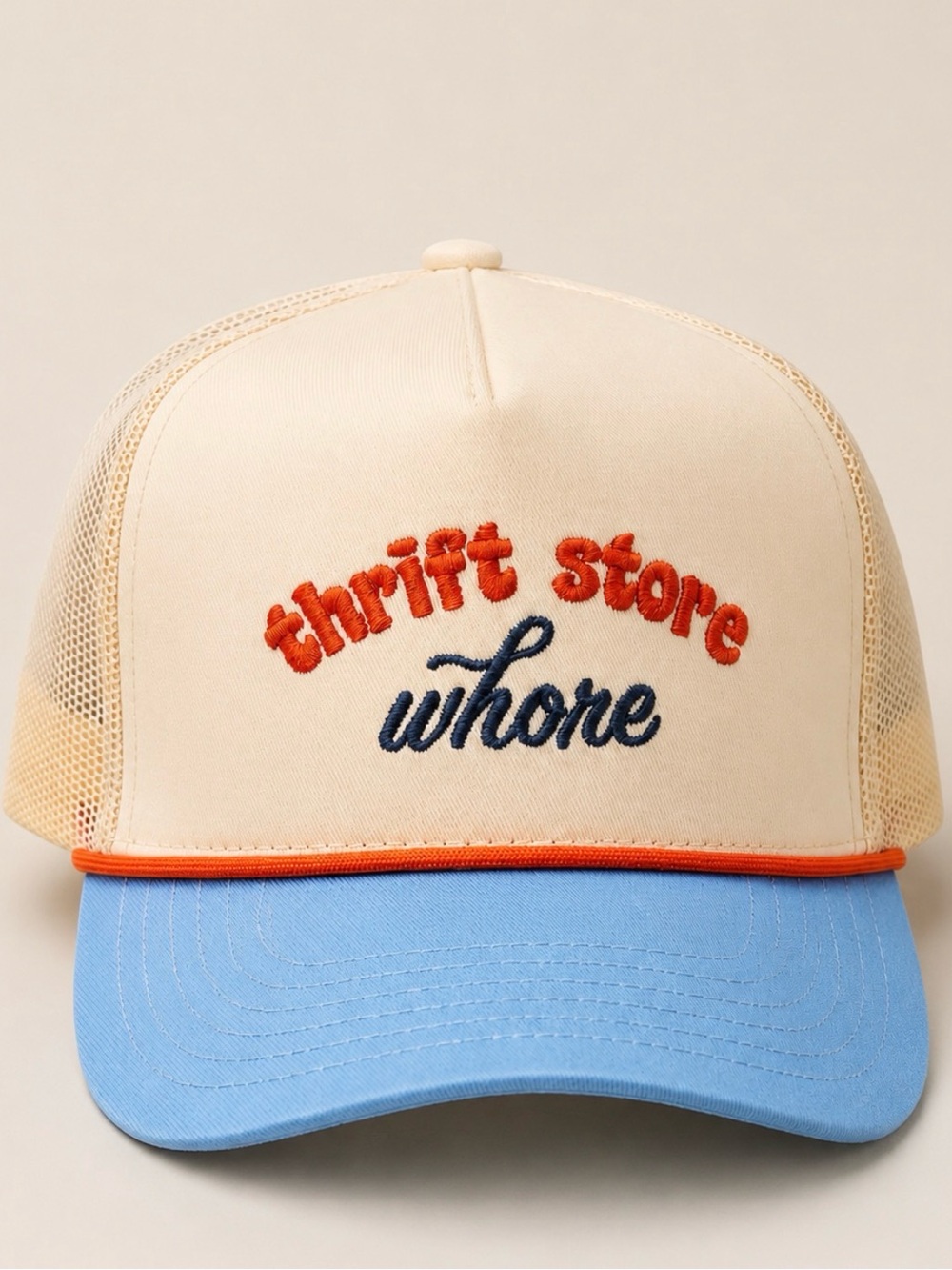 Cream & Light Blue Trucker Hat with Orange Script